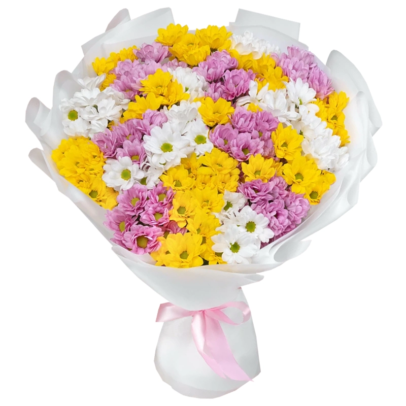 Букет из 25 кустовых разноцветных хризантем